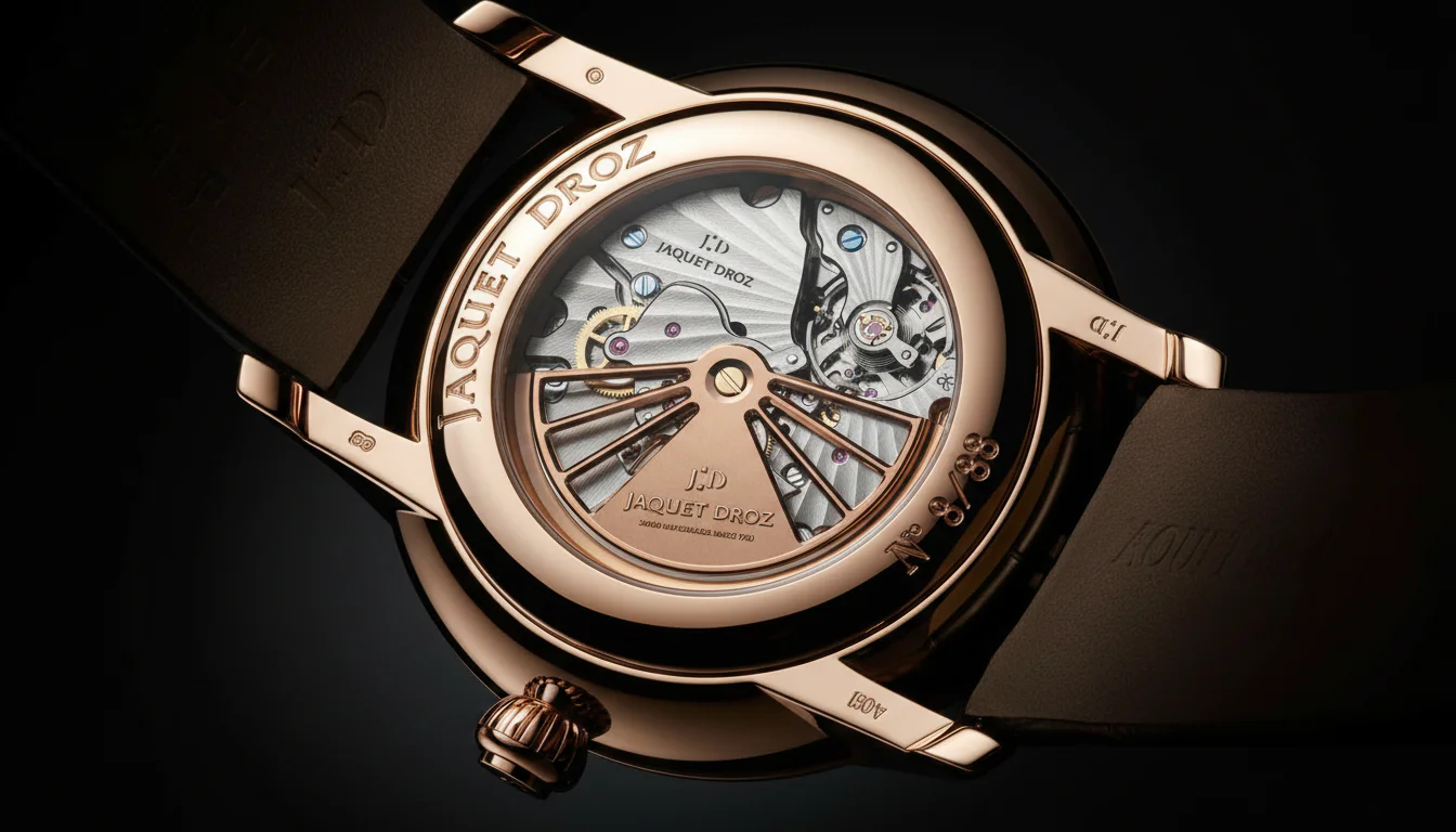 Macro shot of the Jaquet Droz Grande Seconde Deadbeat exhibition caseback with rose gold oscillating weight