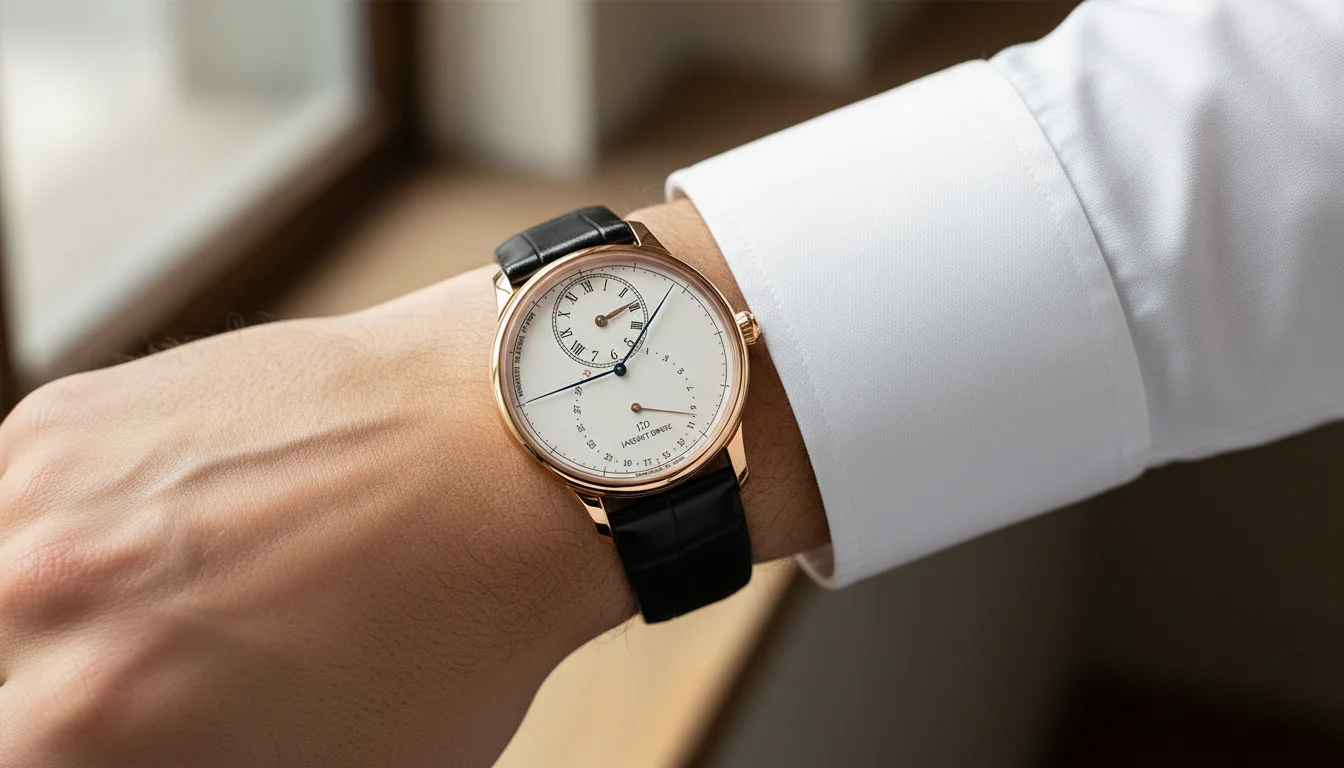 Jaquet Droz Grande Seconde Deadbeat watch worn on the wrist, rose gold case with ivory enamel dial