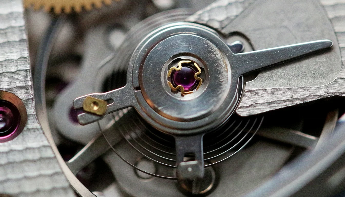 A balance cap jewel and shock setting, the highest-wear jewel bearing in a watch movement