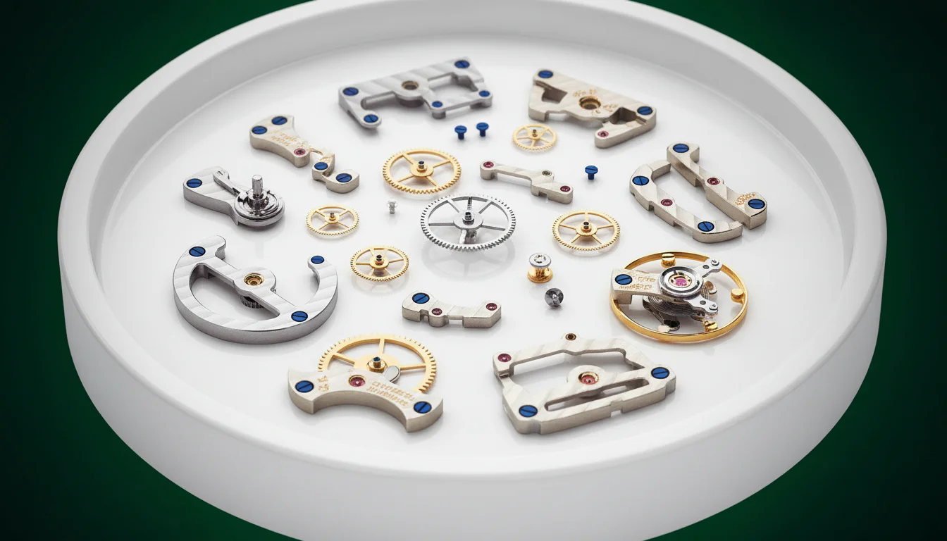 Watch movement bridges on a tray with ruby jewels seated in the plates