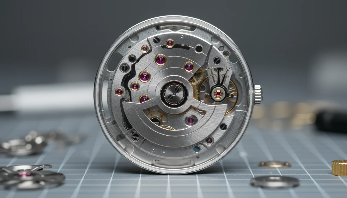Ruby jewels visible across an automatic movement through a display caseback