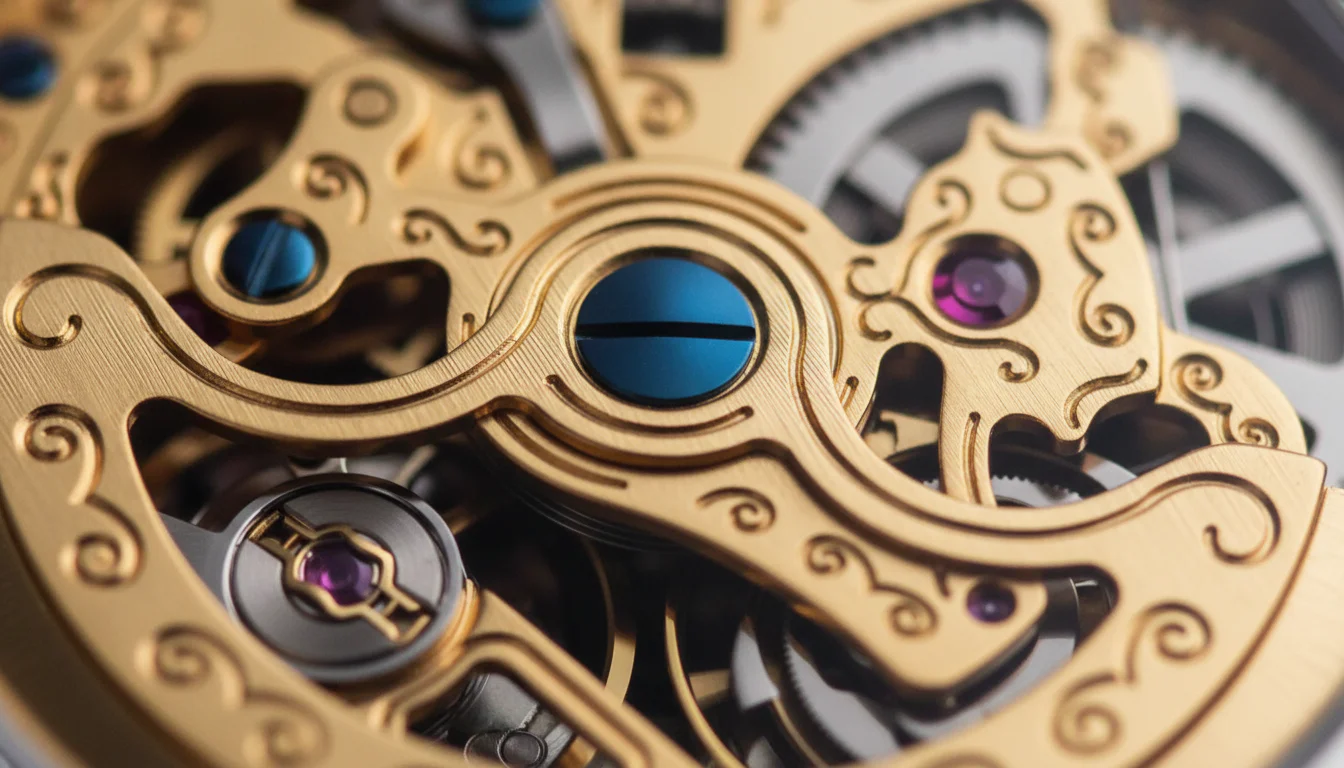 Ruby jewels held in polished gold chatons on a decorated haute horology movement