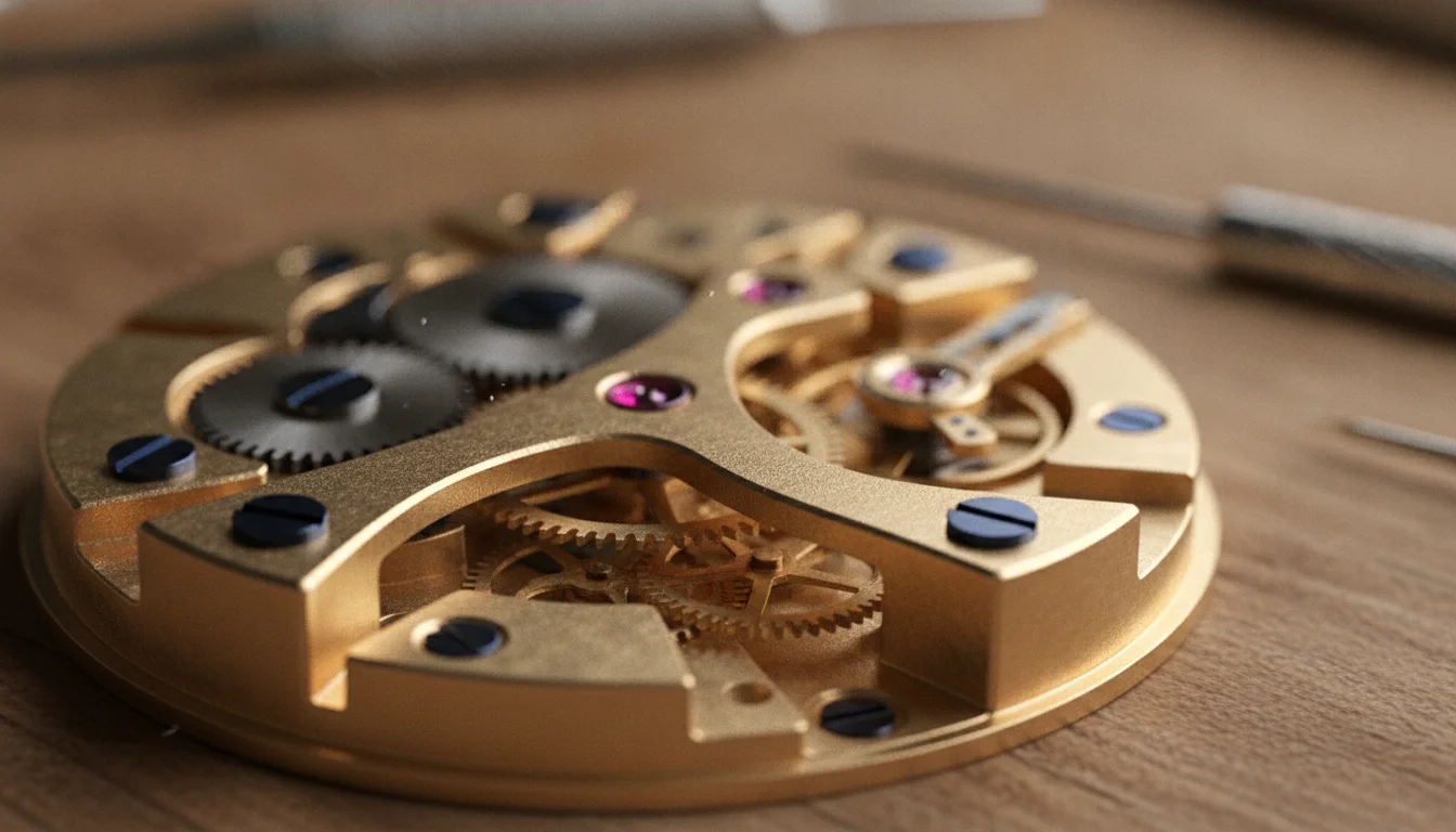 Jewels in a watch movement, red ruby bearings set into the bridges of a mechanical caliber