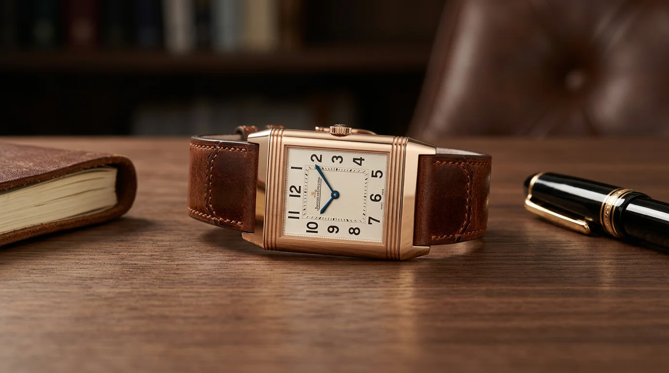 Jaeger-LeCoultre Grande Reverso Ultra Thin in rose gold on a brown leather strap, resting on a dark wood desk.
