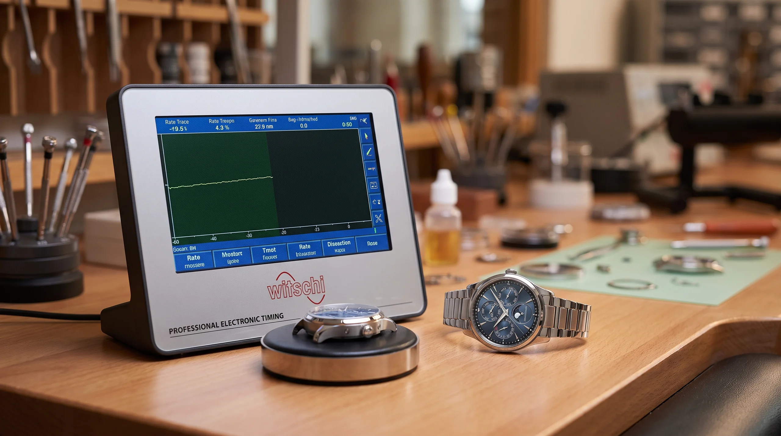 Witschi electronic timing machine testing a Jaeger-LeCoultre watch on a workshop bench for the 1000 Hours Control