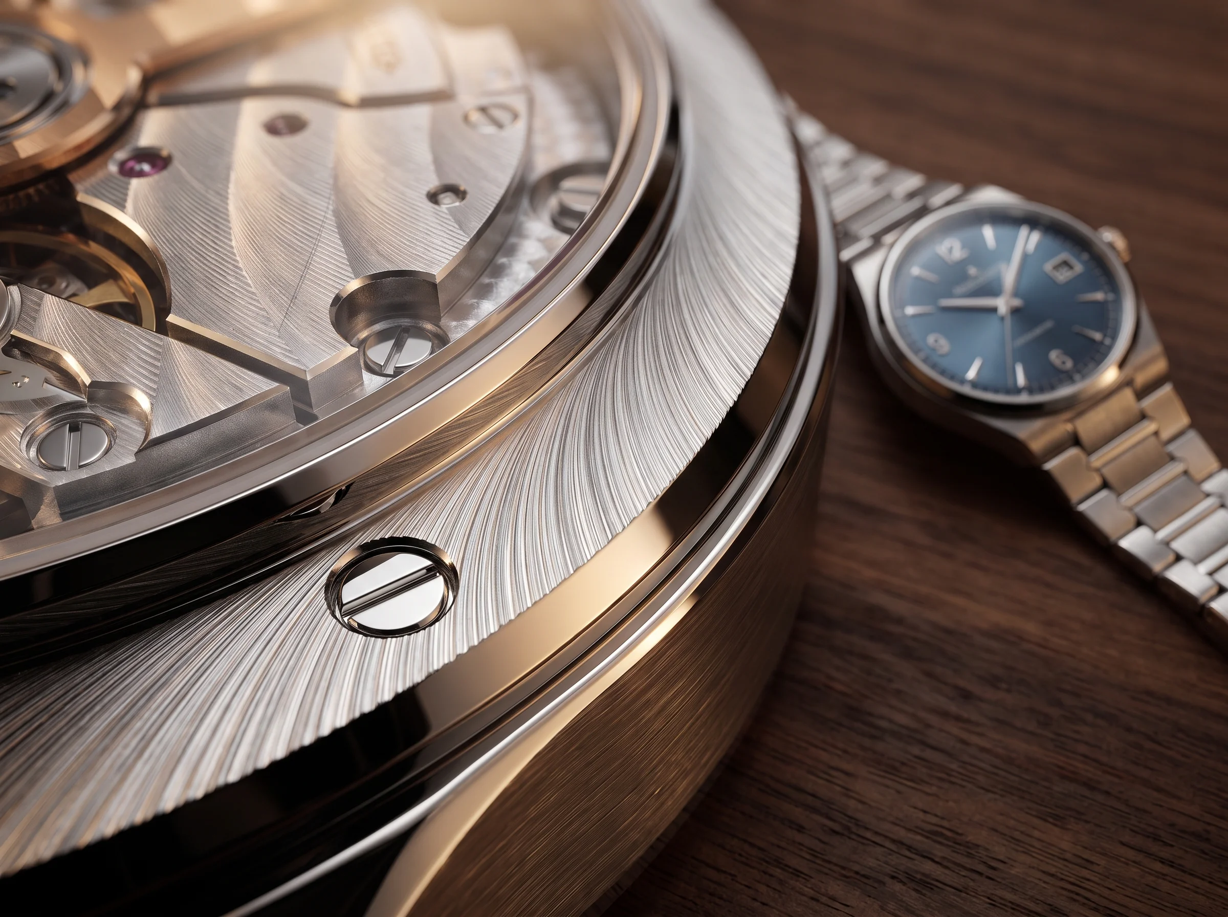 Macro shot of Cotes de Geneve stripes and beveled bridge finishing on a Jaeger-LeCoultre movement