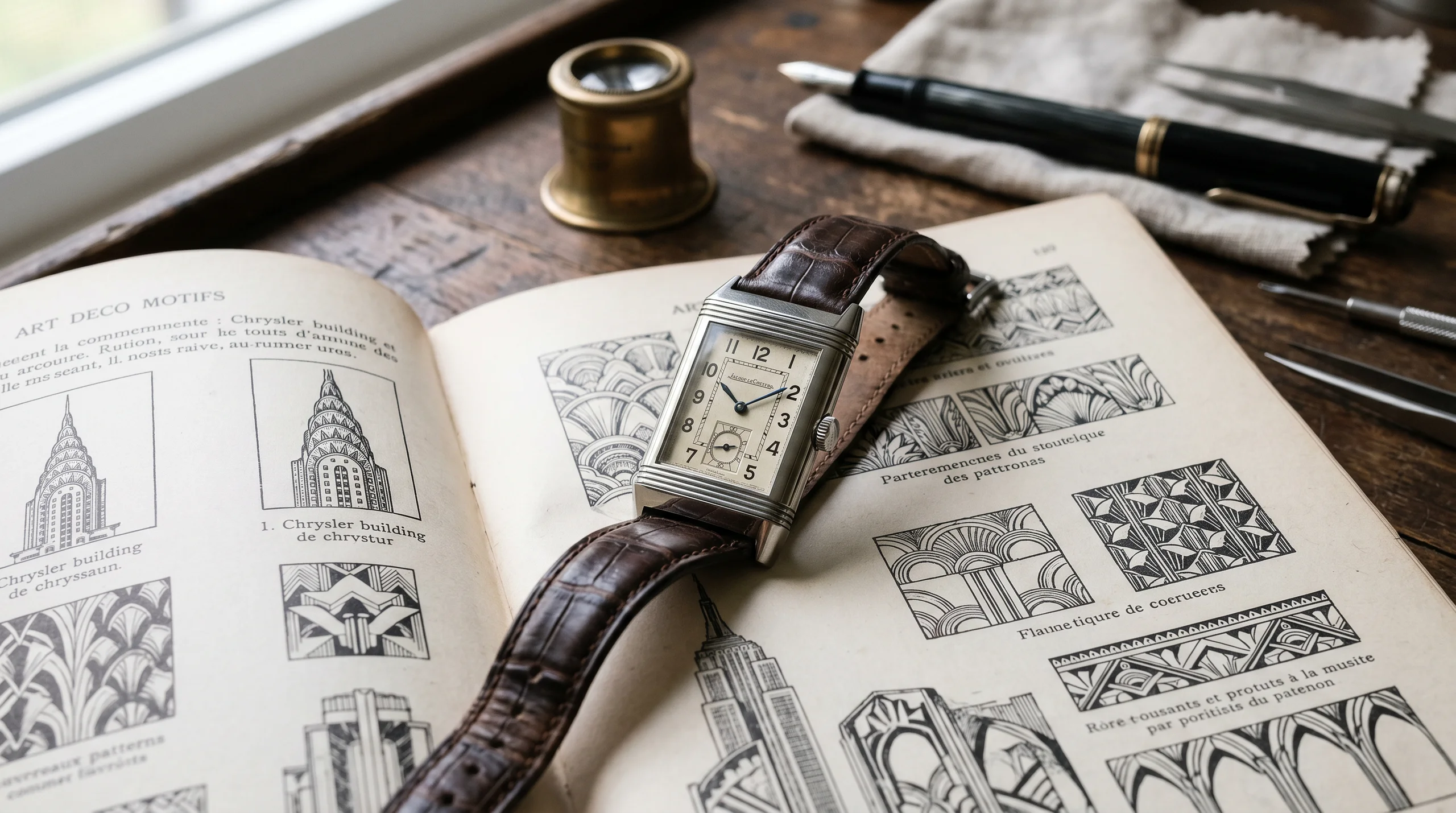 Original 1931 Jaeger-LeCoultre Reverso vintage wristwatch in steel with painted Arabic numerals, resting on an Art Deco design reference book at a watchmaker's bench
