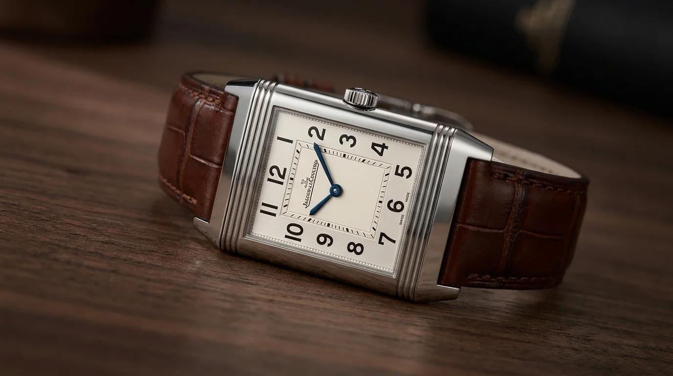Vintage 1930s style Jaeger-LeCoultre Reverso rectangular watch resting on an Art Deco design book, illustrating the original polo-protection concept from 1931.