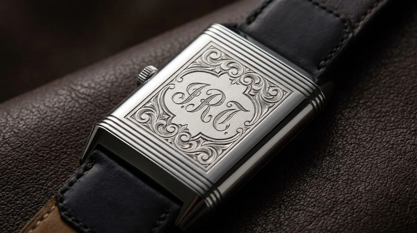 Hand-engraved monogram on the flat steel caseback of a Jaeger-LeCoultre Reverso, showcasing the personalization the reversible case makes possible.
