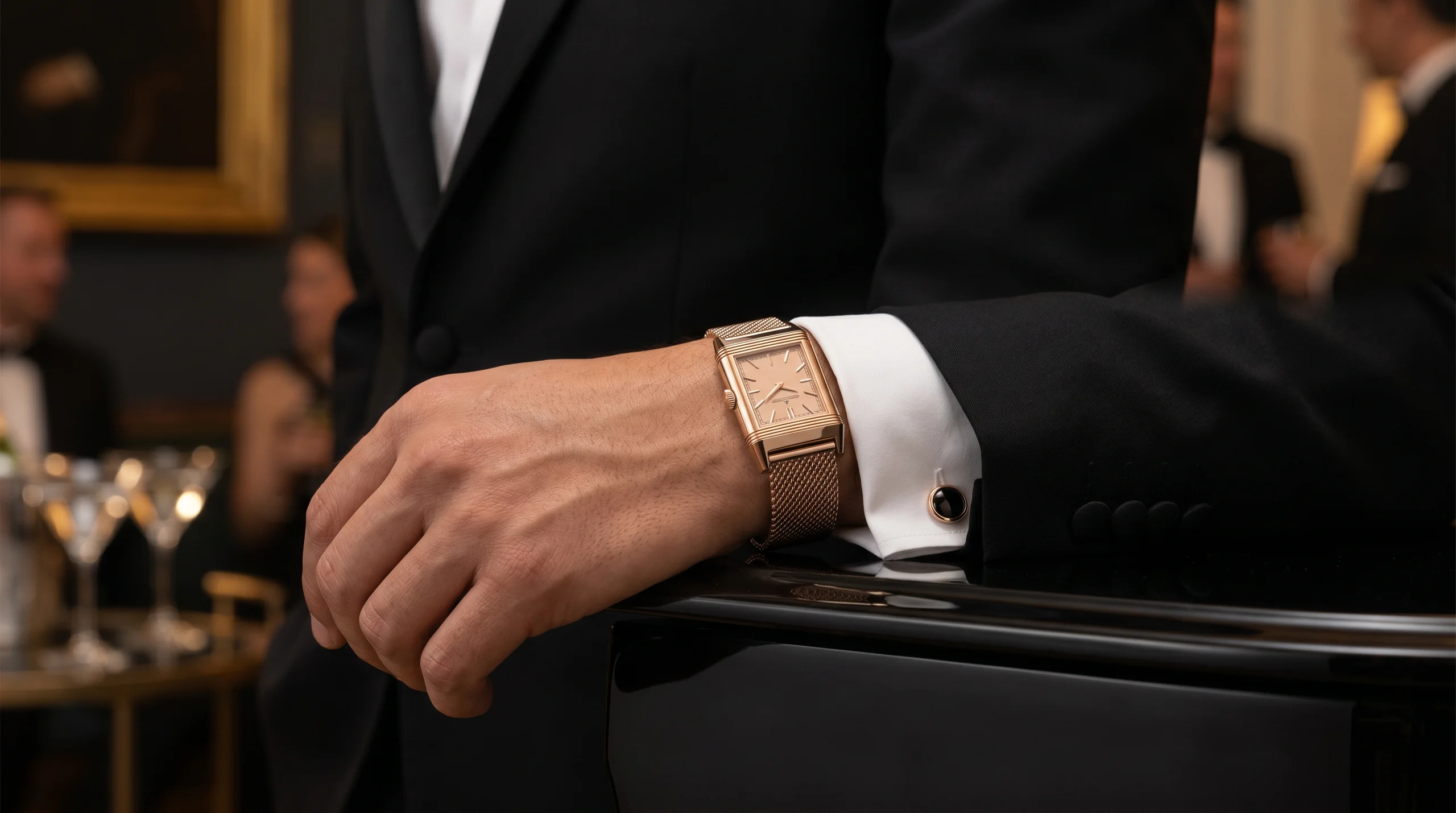 Jaeger-LeCoultre Reverso Or Deco Solo Tempo in pink gold worn on the wrist with a black tuxedo cuff at an evening gala, the smaller 40.1mm case visible against a white tuxedo shirt cuff