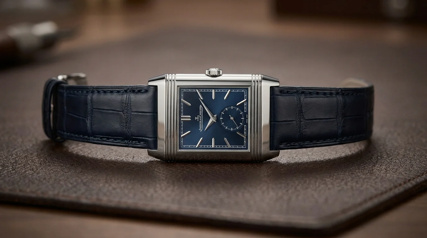 Jaeger-LeCoultre Reverso Tribute Duoface in steel with dark blue dial, viewed head-on with the alligator strap correctly attached at both lugs.