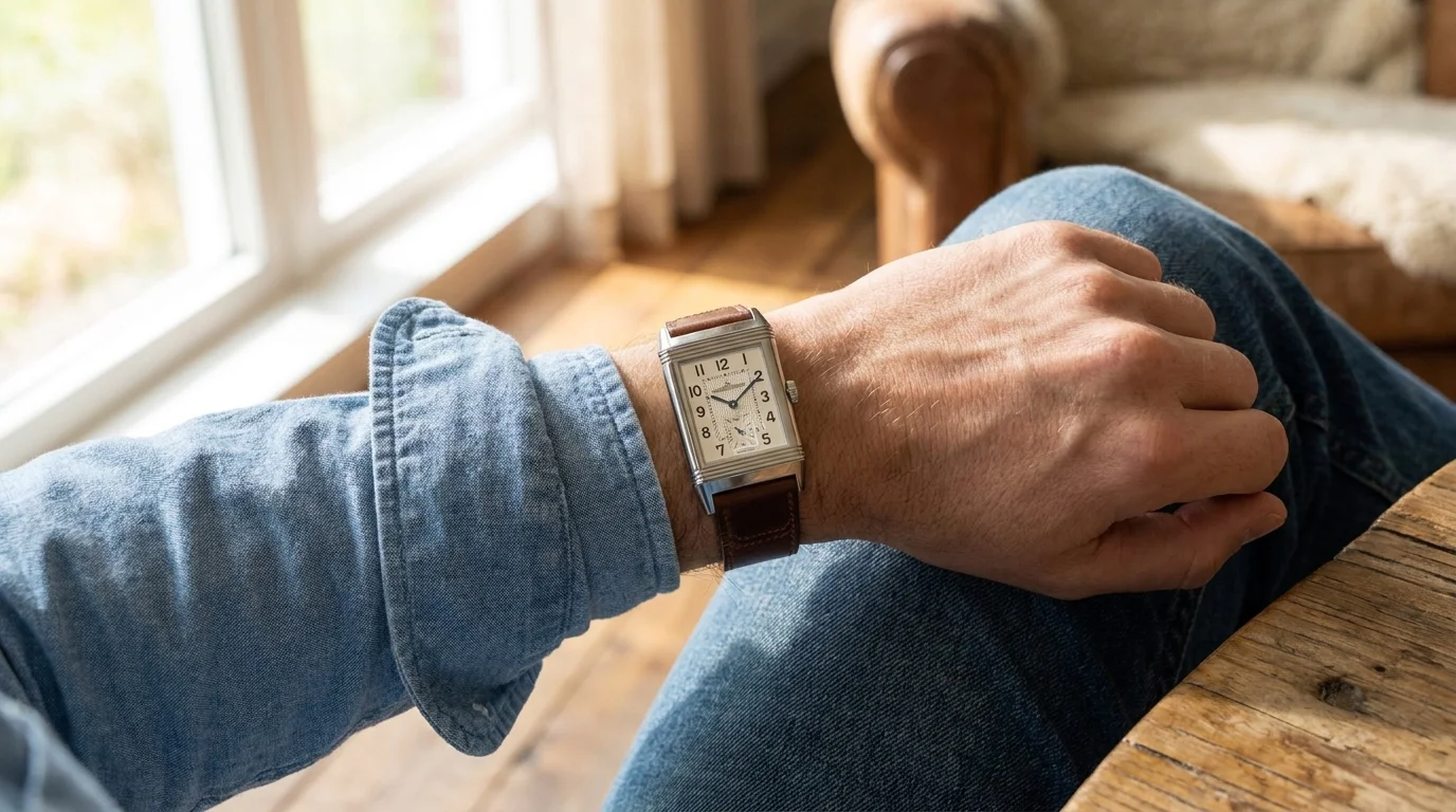 Jaeger-LeCoultre Reverso worn on the wrist under a rolled denim shirt sleeve, resting on a wooden table.