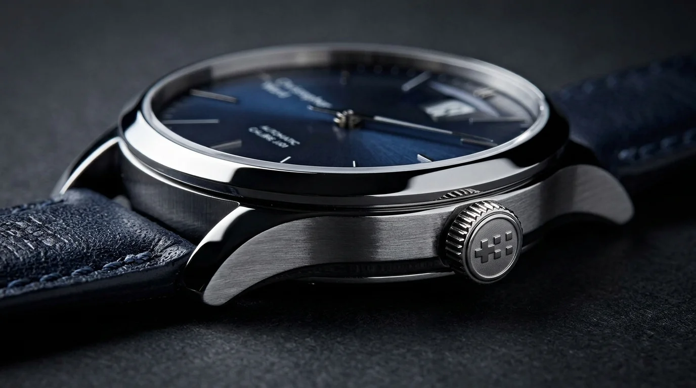 Close up macro of a jumping hour watch case and crown showing the brushed and polished finishing