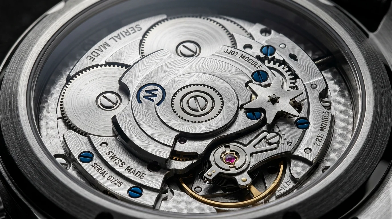Side view of a jumping hour watch movement showing the mechanism and disc mechanism through an open case back