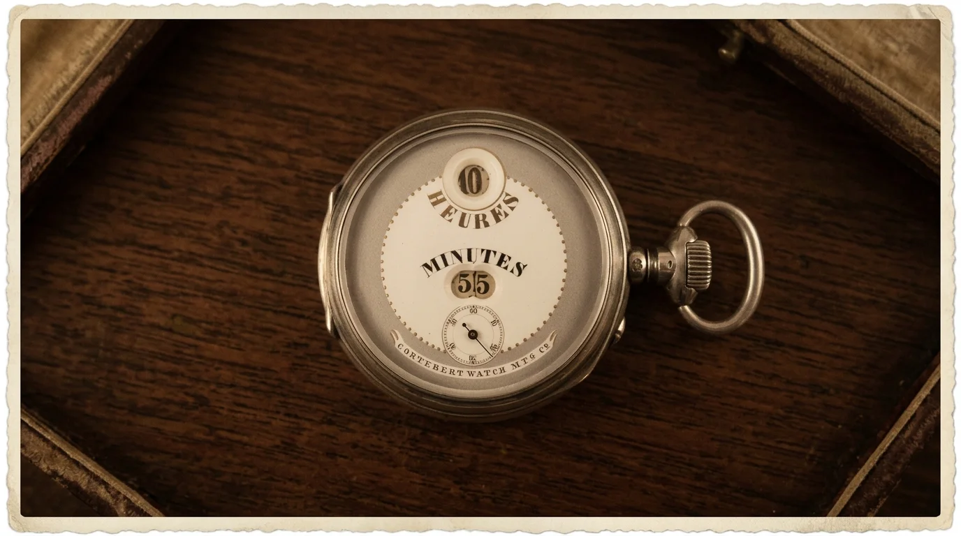 An antique Pallweber-system pocket watch from the 1890s with hour and minute windows on the dial