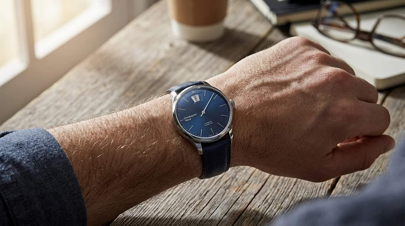 Christopher Ward jumping hour watch worn on the wrist showing the hour window display