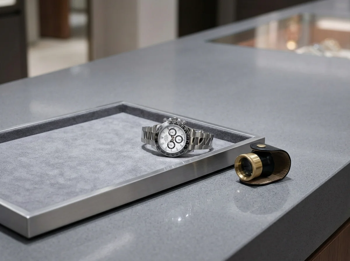 Steel white-dial Rolex Daytona on a brushed dealer tray beside a loupe.