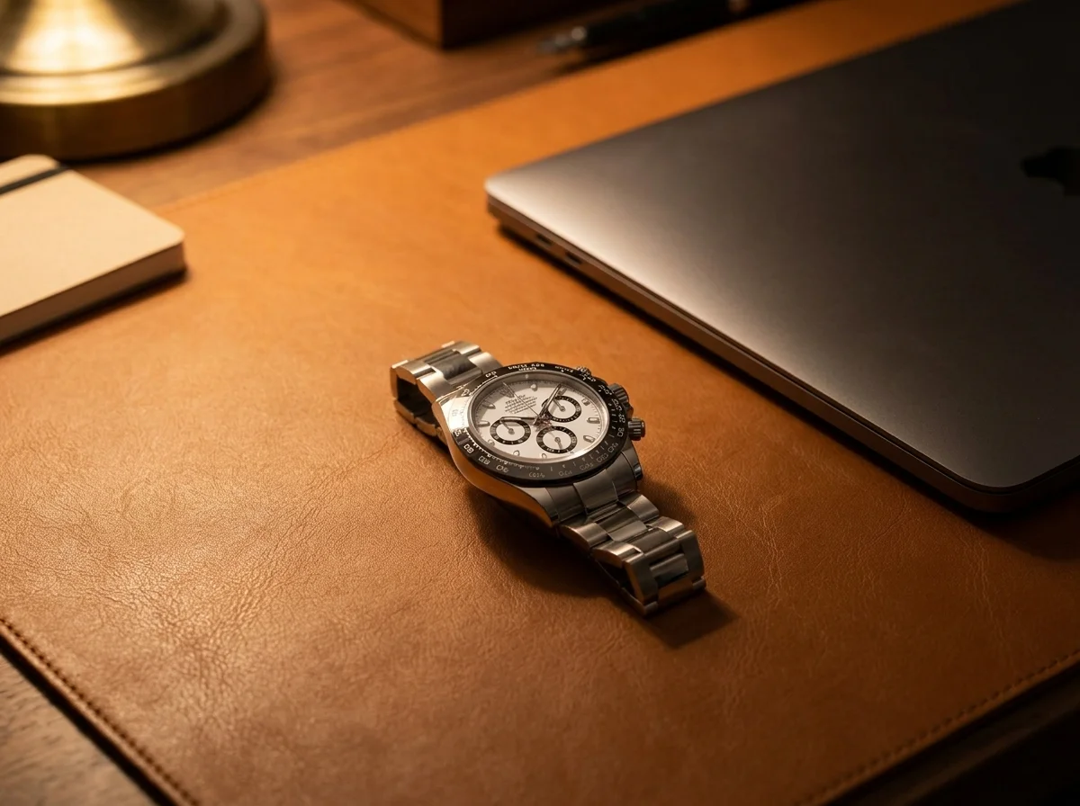 Steel white-dial Rolex Daytona on a leather desk blotter beside a laptop.