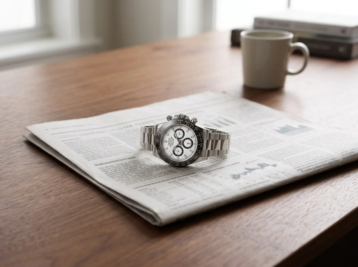 Steel white-dial Rolex Daytona resting on a folded financial newspaper.
