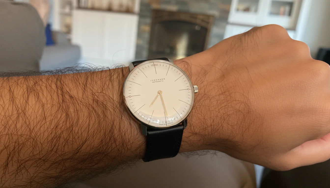 Junghans Max Bill Automatic worn on the wrist, white dial and black leather strap
