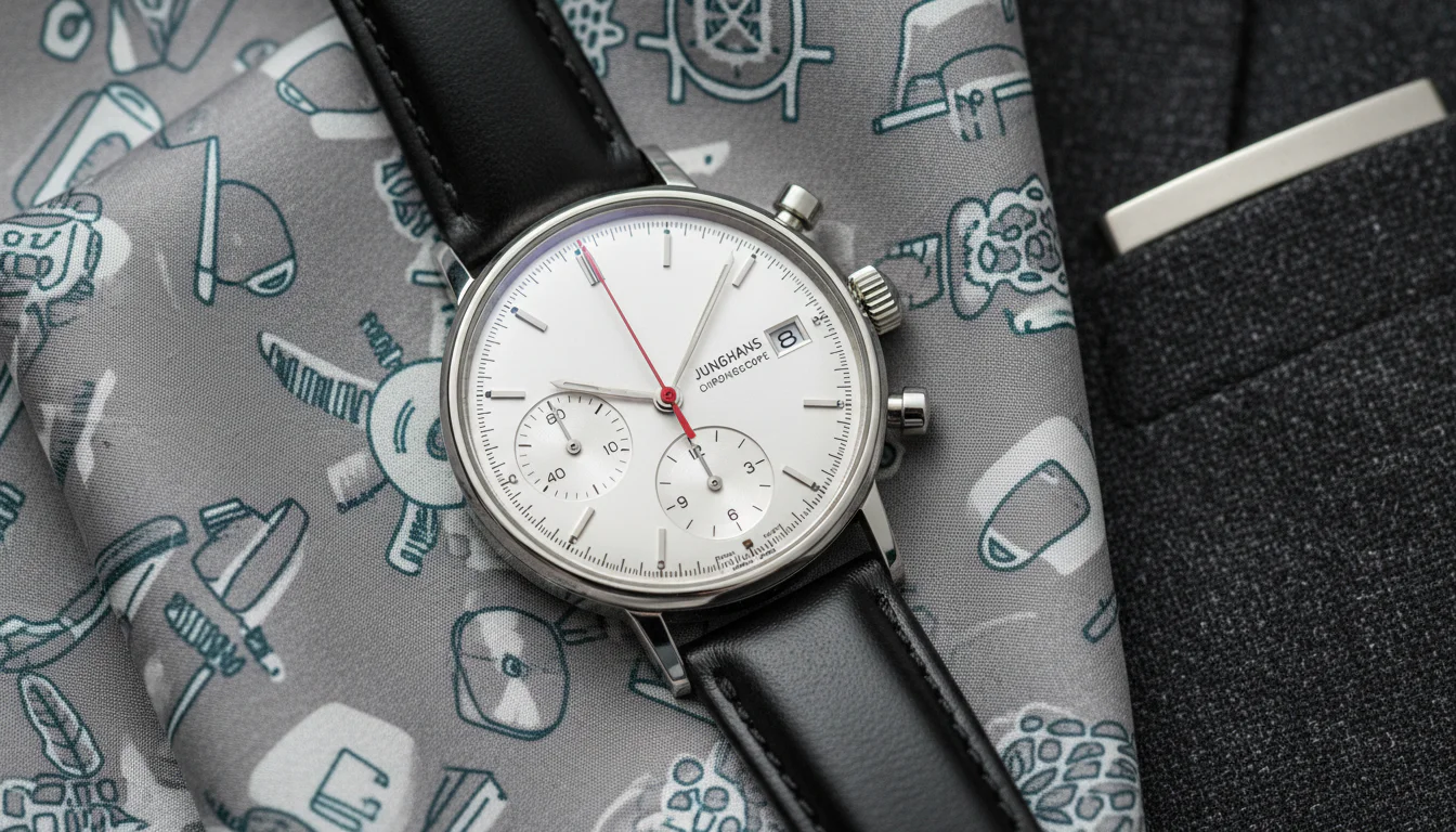 Junghans Max Bill Chronoscope flat lay showing the bicompax chronograph dial