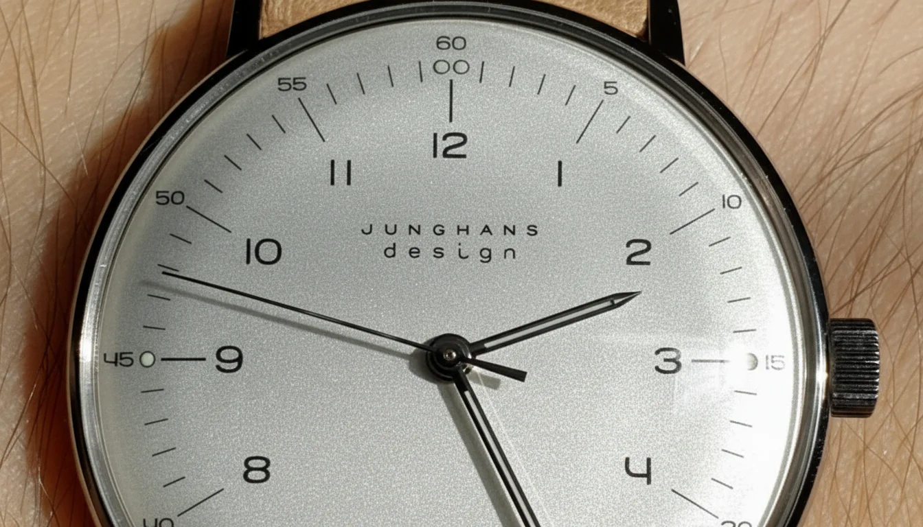 Extreme close-up of the Junghans Max Bill dial showing the numeral markers and wordmark
