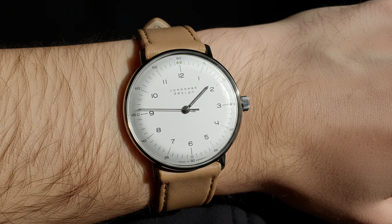 Junghans Max Bill Handwound worn on the wrist, numeral dial and tan leather strap
