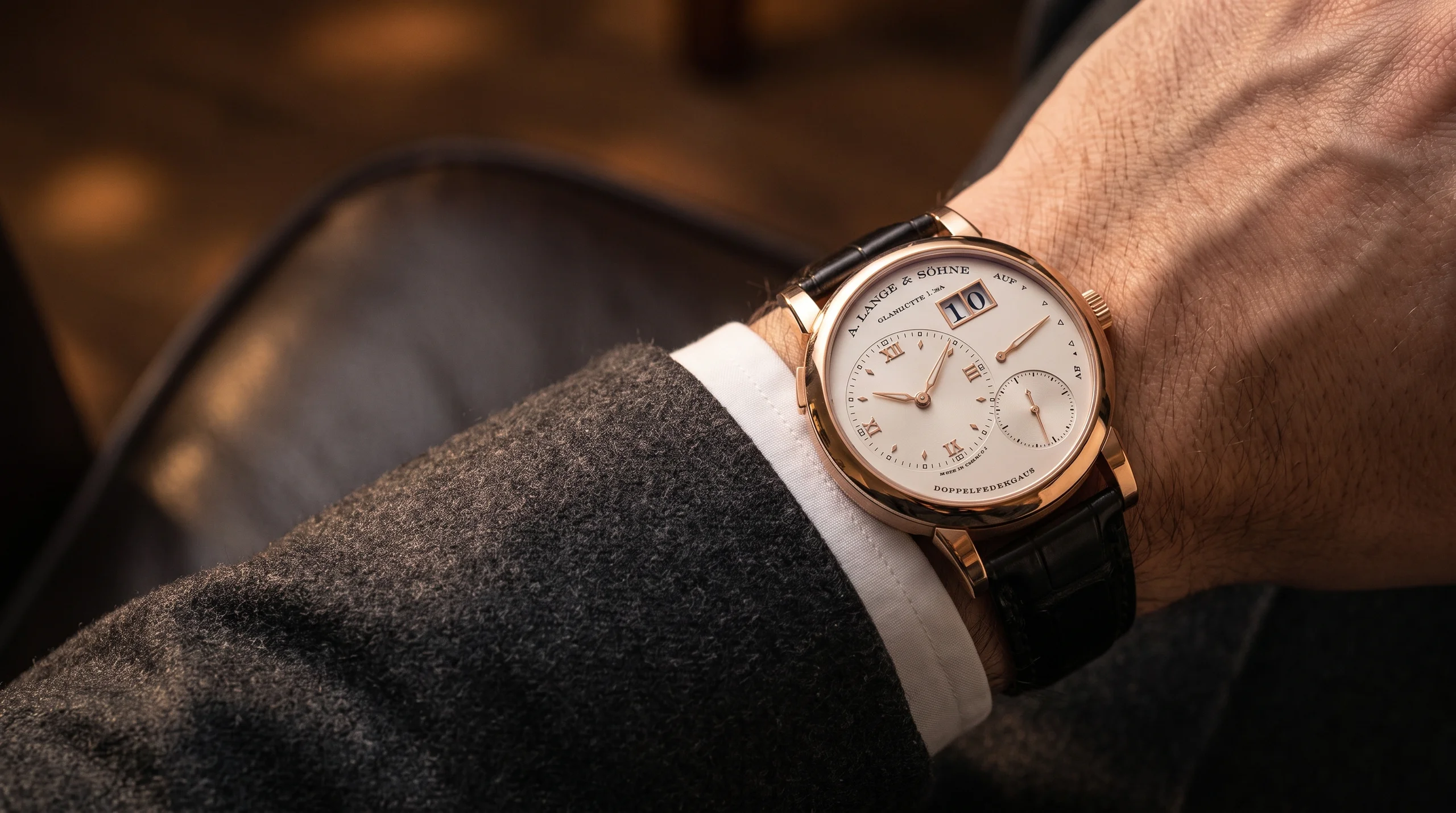 A. Lange and Sohne Lange 1 in pink gold worn under a suit cuff, showing its dress-watch proportions