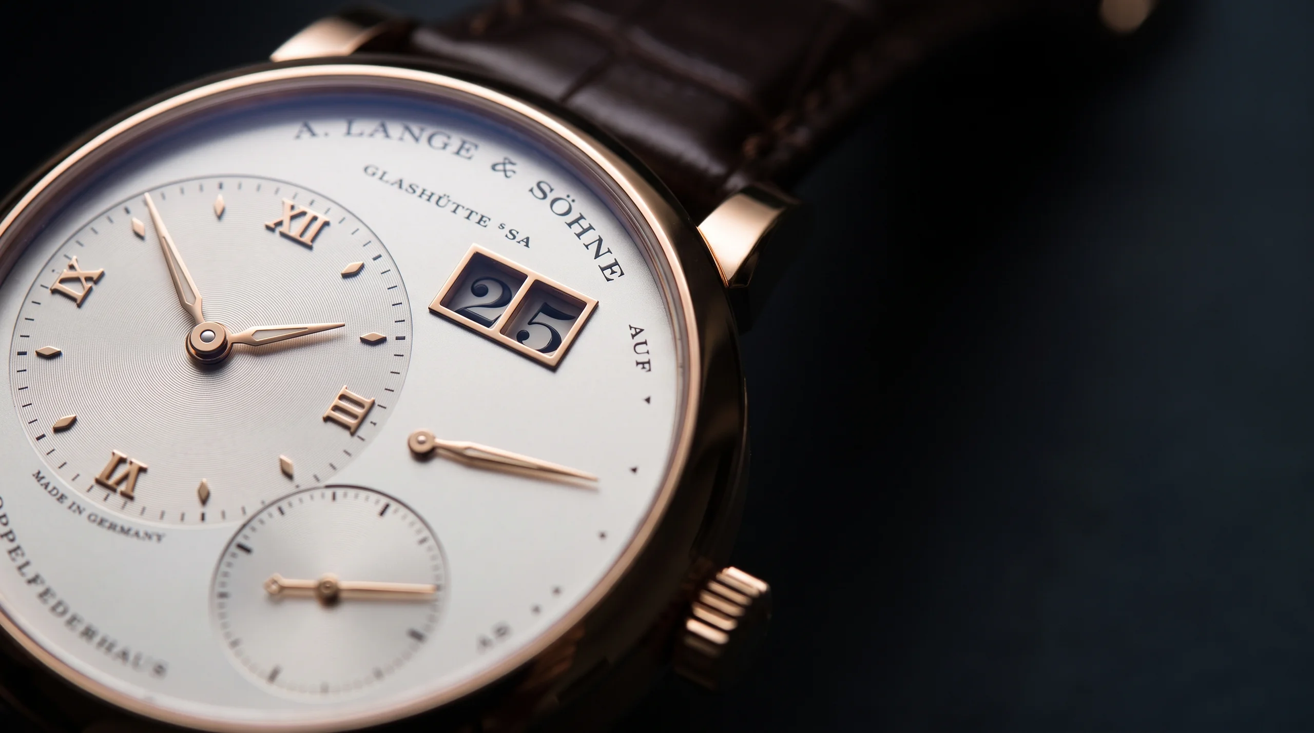 Macro of the A. Lange and Sohne Lange 1 outsize date window and off-center dial, its signature design feature