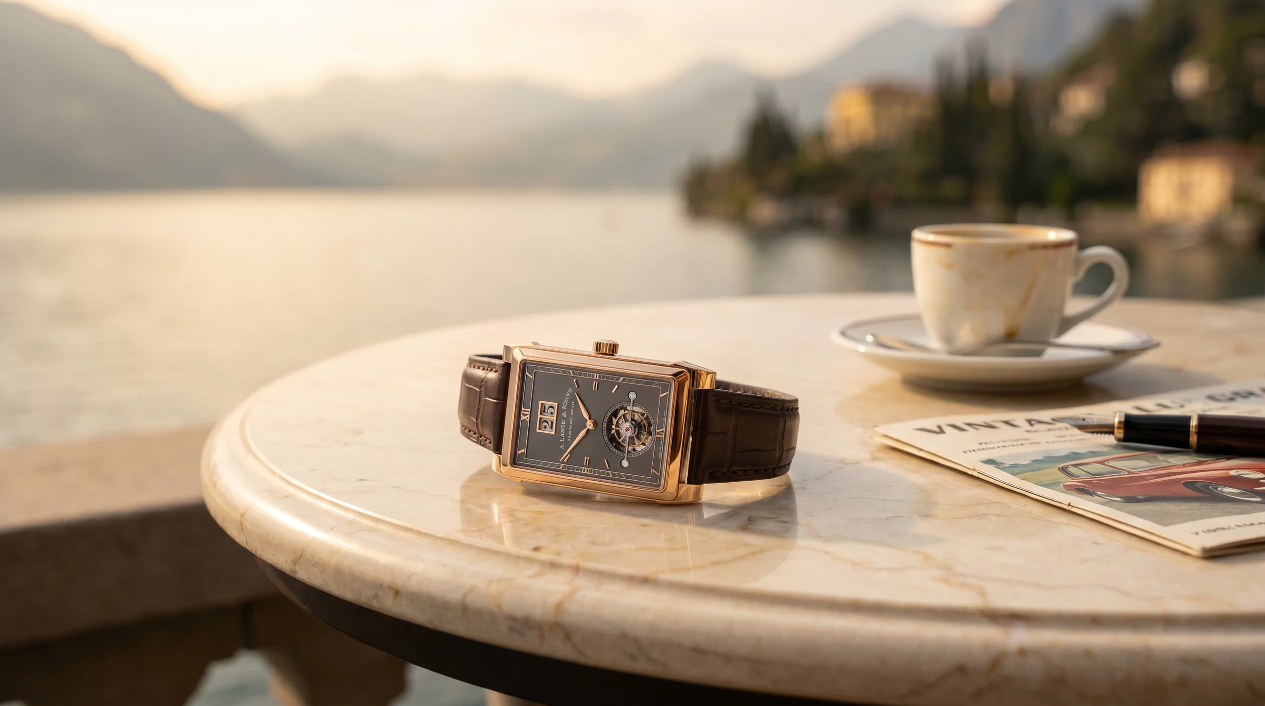 Cabaret Tourbillon Honeygold on a Lake Como hotel terrace, marble side table with espresso and concours program in late Italian afternoon light