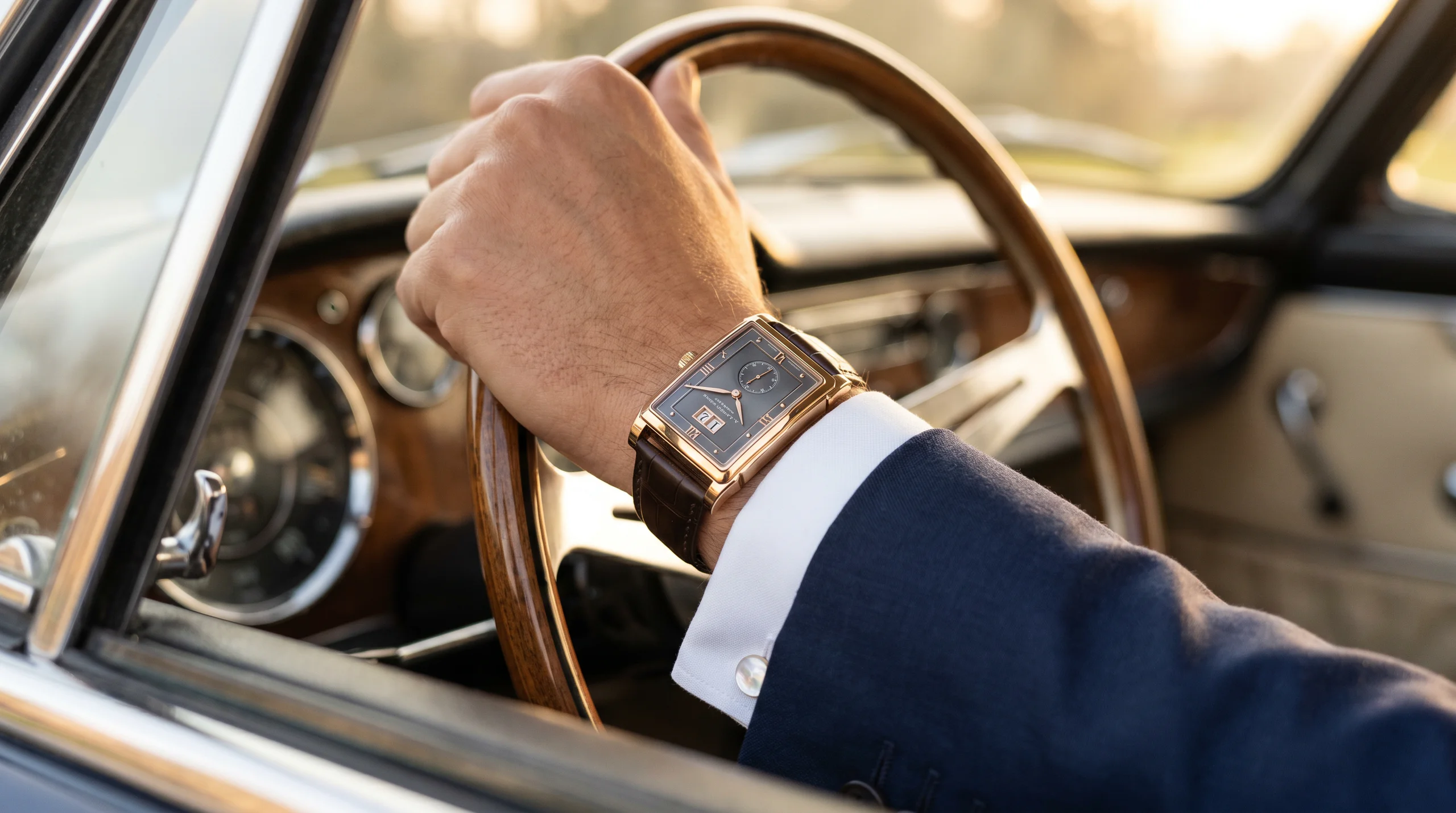 A. Lange & Söhne Cabaret Tourbillon Honeygold worn on the wrist with a navy suit cuff, resting on the walnut steering wheel of a vintage Italian sports car