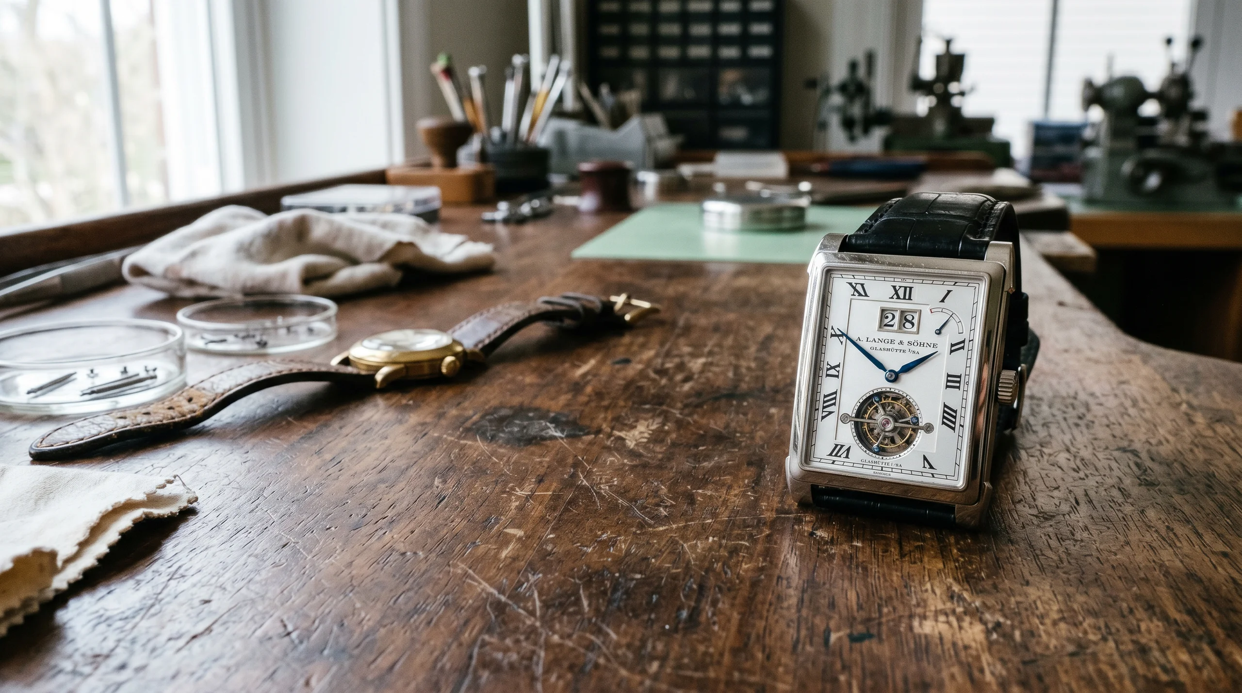 A. Lange & Söhne Cabaret Tourbillon 2008 platinum reference 703.025 on a watchmaker's bench with brass loupe