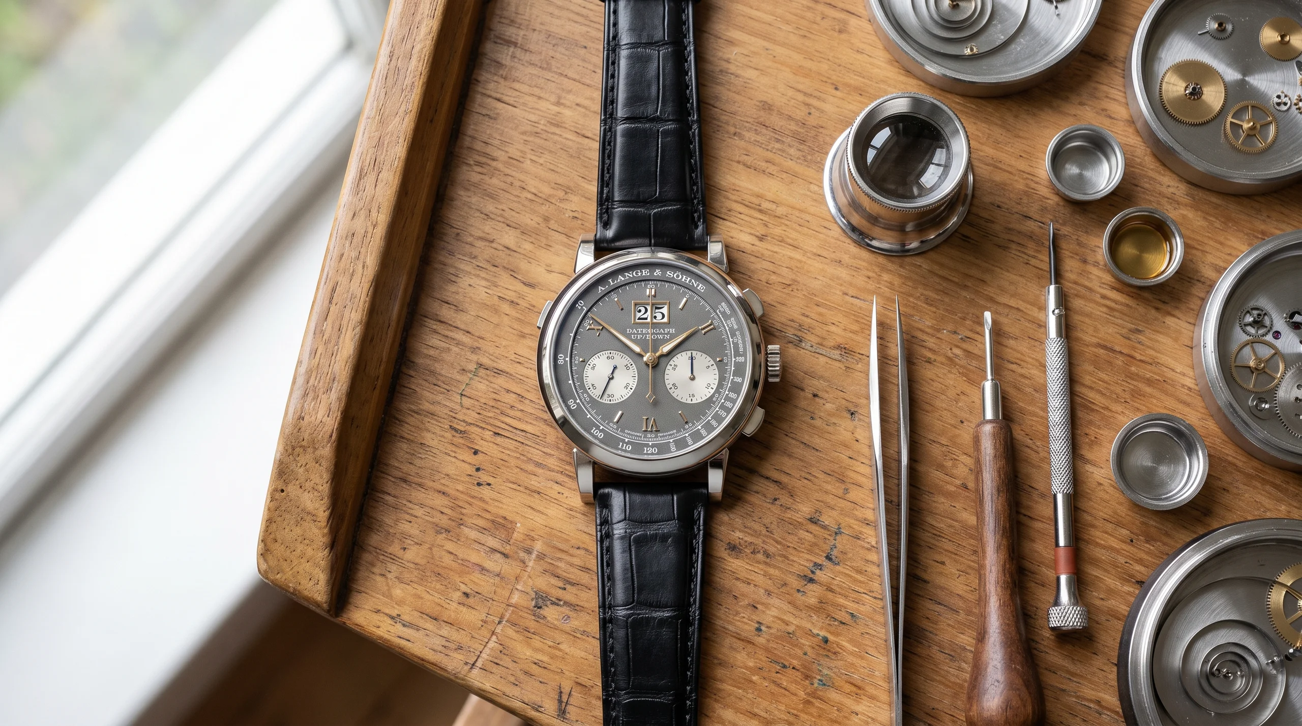 A. Lange & Sohne Datograph Up/Down watch resting on a watchmaker's bench beside fine tools