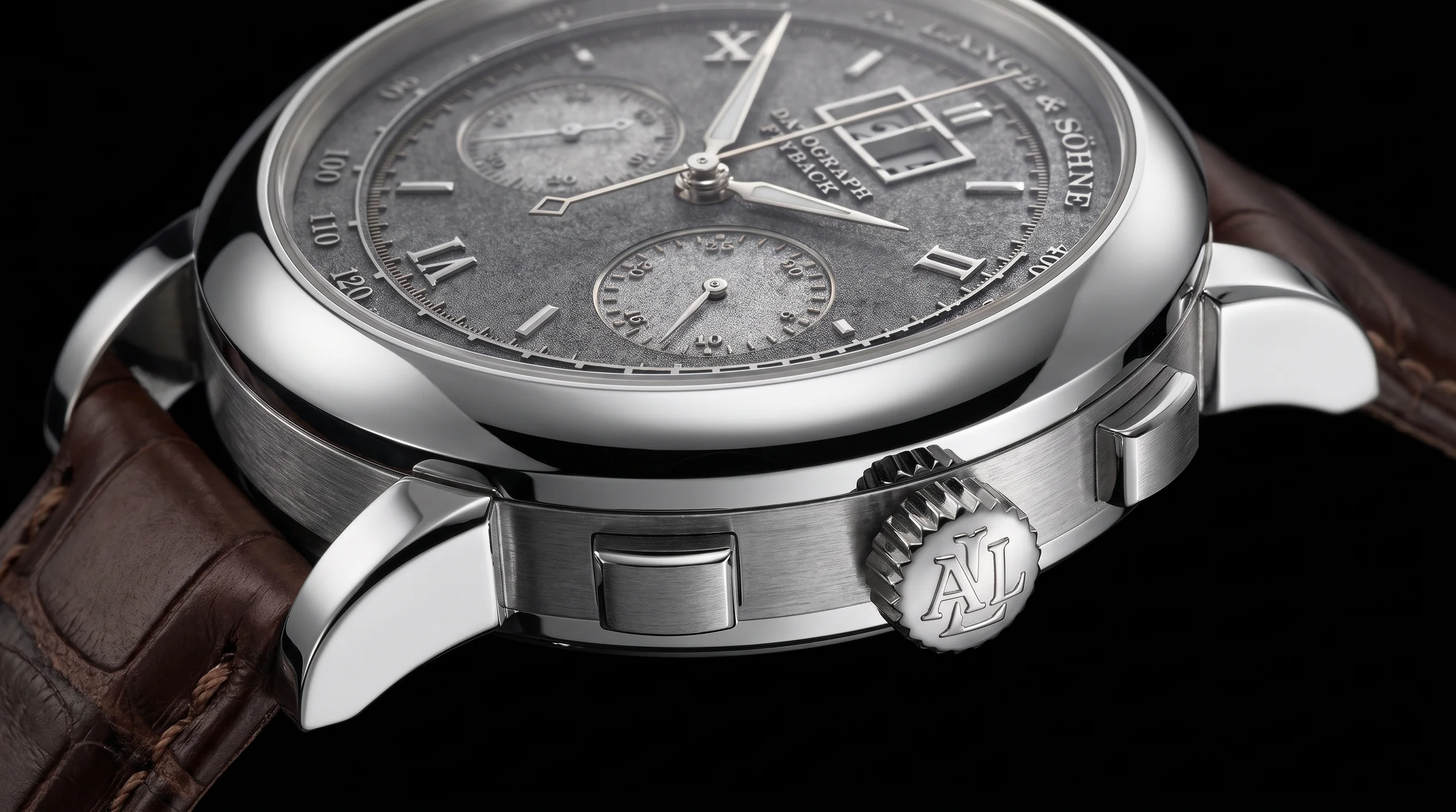 A. Lange & Sohne Datograph Up/Down platinum case side profile showing the twin chronograph pushers and crown