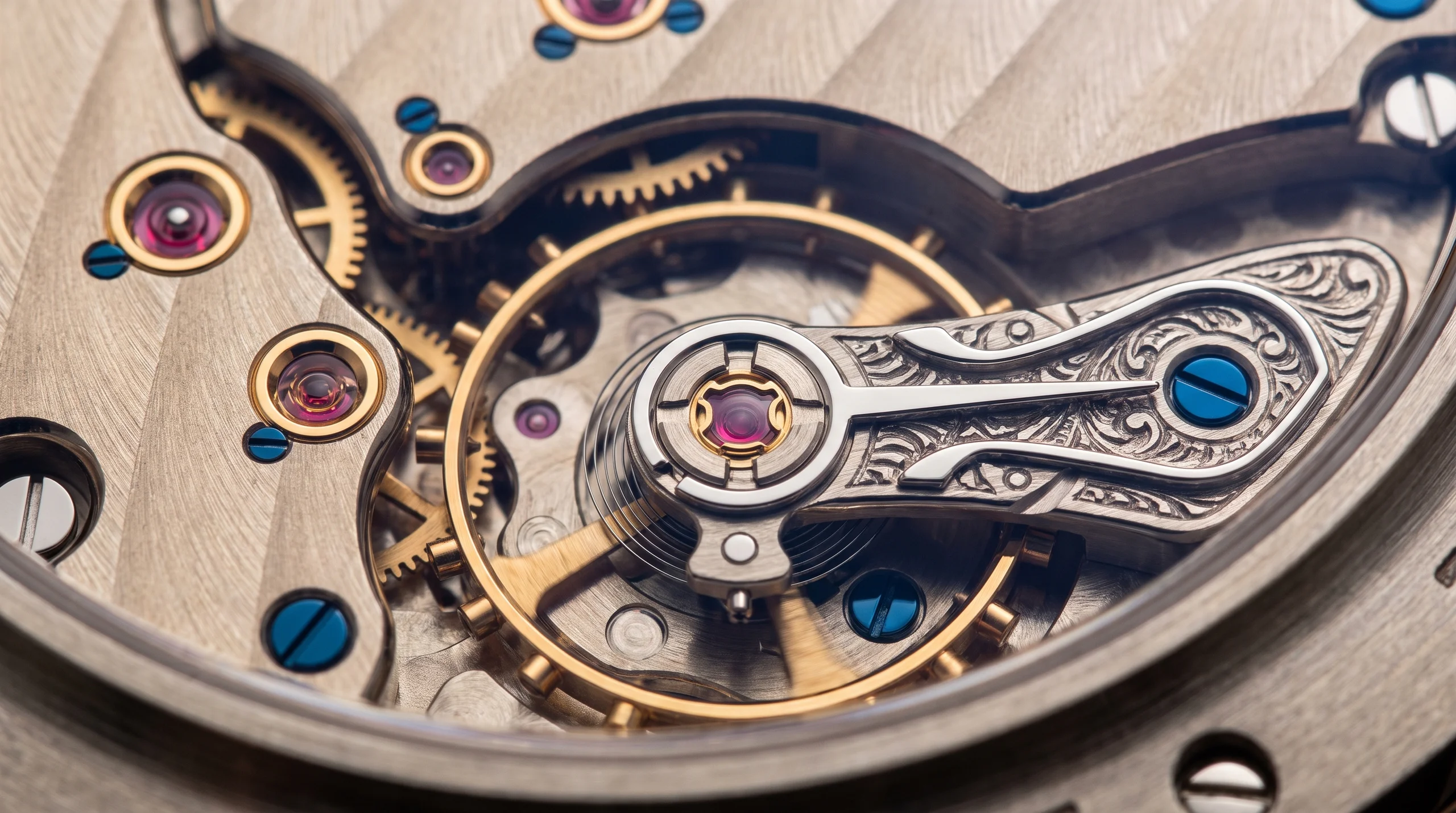 A. Lange & Sohne caliber L951.6 movement macro showing hand-engraved balance cock and German silver bridges