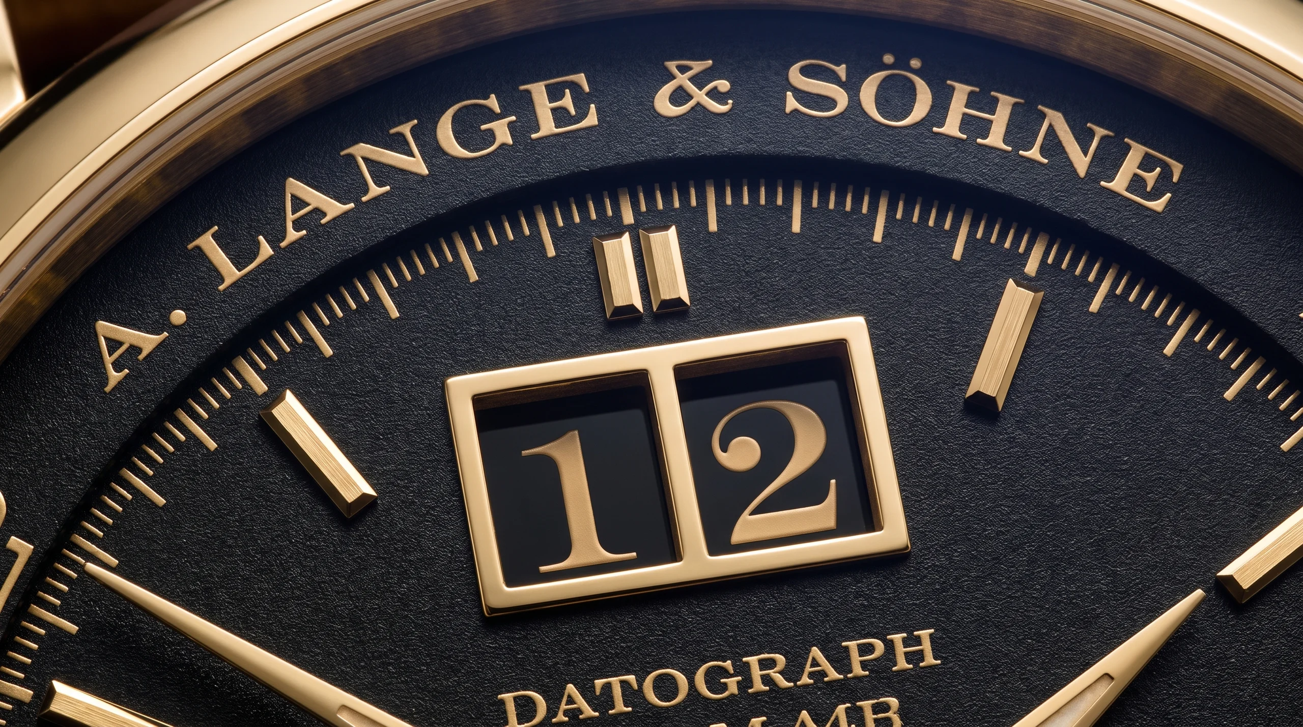 A. Lange & Sohne Datograph dial macro showing the outsize date window