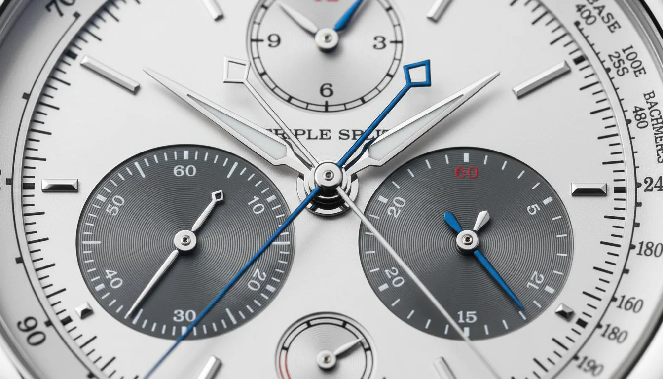 A. Lange & Söhne Triple Split platinum dial detail showing the rhodium-colored main dial and dark grey sub-registers, macro view