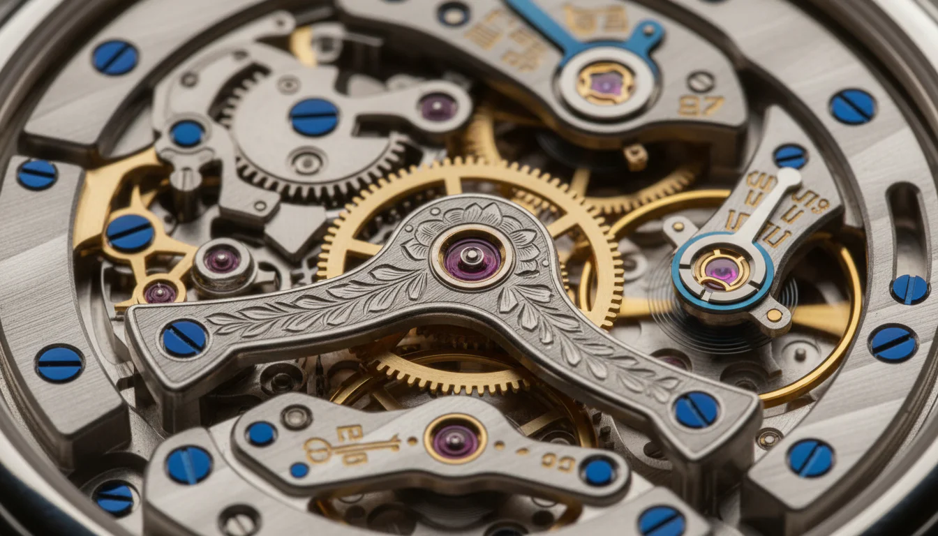 A. Lange & Söhne Triple Split platinum caseback showing the manually wound caliber L132.1 movement, macro view