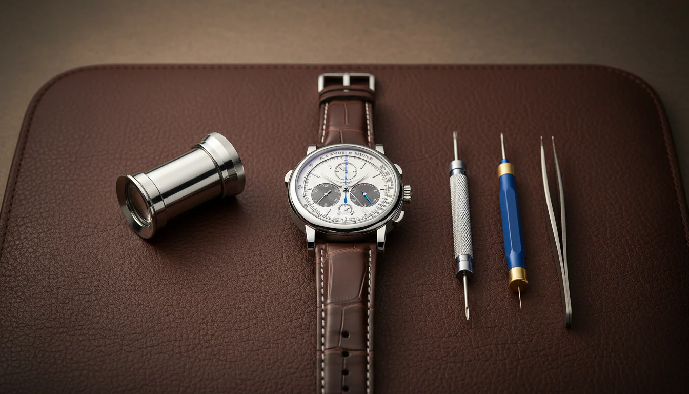 A. Lange & Söhne Triple Split platinum shown on a watchmaker's bench alongside loupe and tools, flat lay