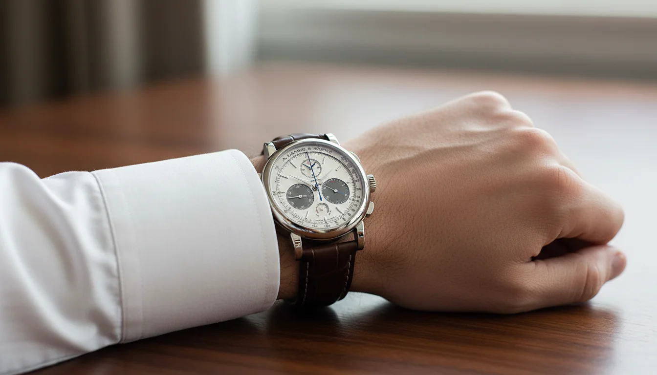 A. Lange & Söhne Triple Split platinum on dark brown alligator strap, wrist shot