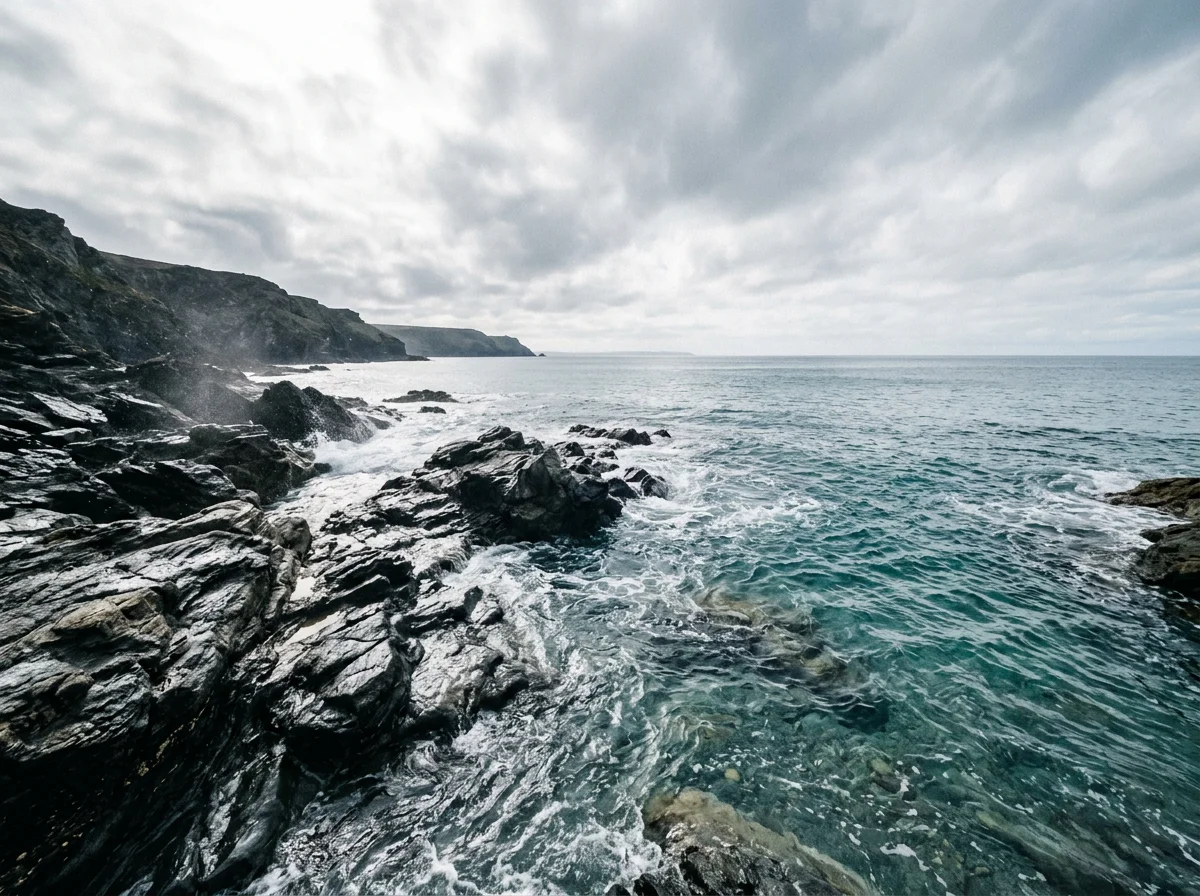 A coastal scene of dark wet rocks meeting clear sea water