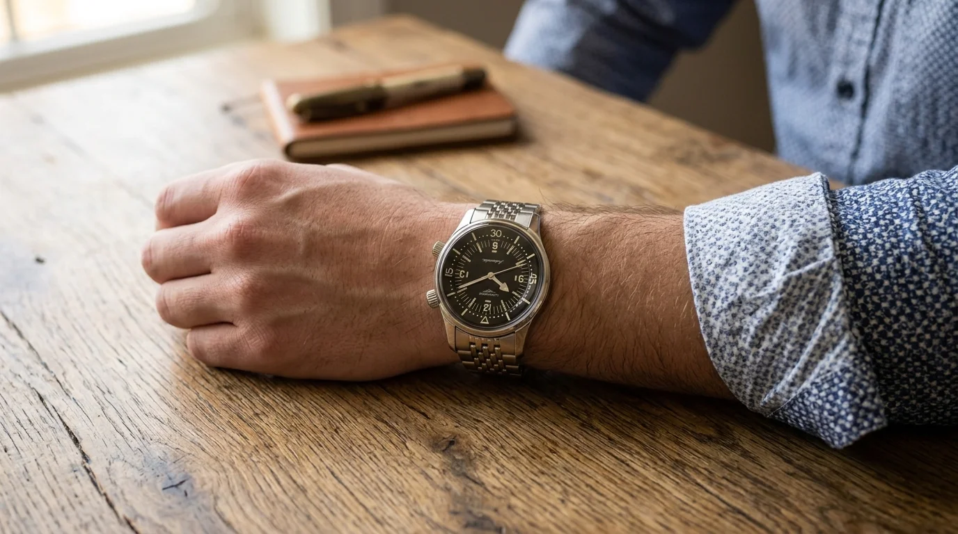 Longines Legend Diver 1959 worn on the wrist showing the black dial and diver bezel