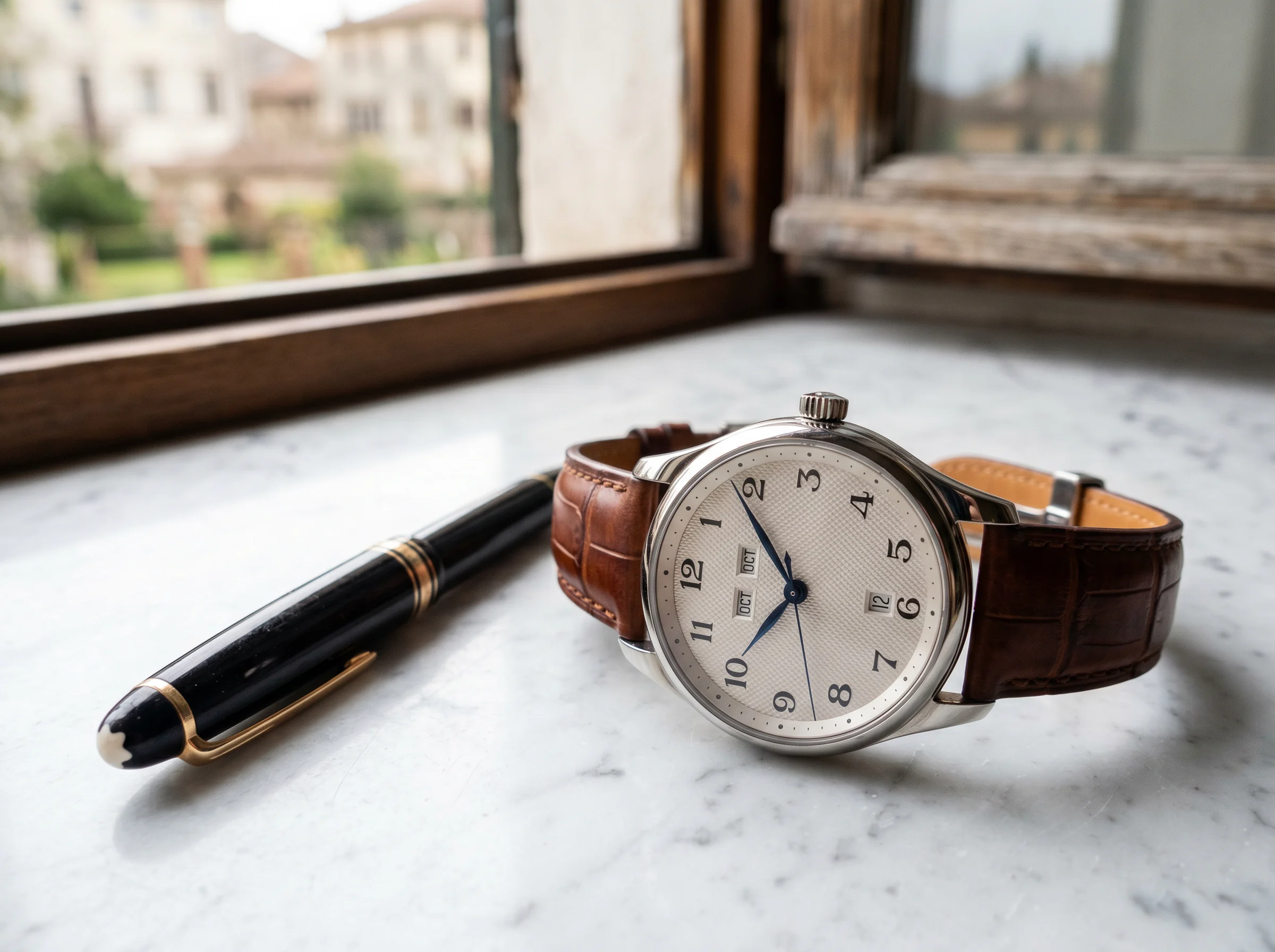 A classic Swiss dress watch with a silver barleycorn dial, leaf hands, and date and month apertures on a leather strap
