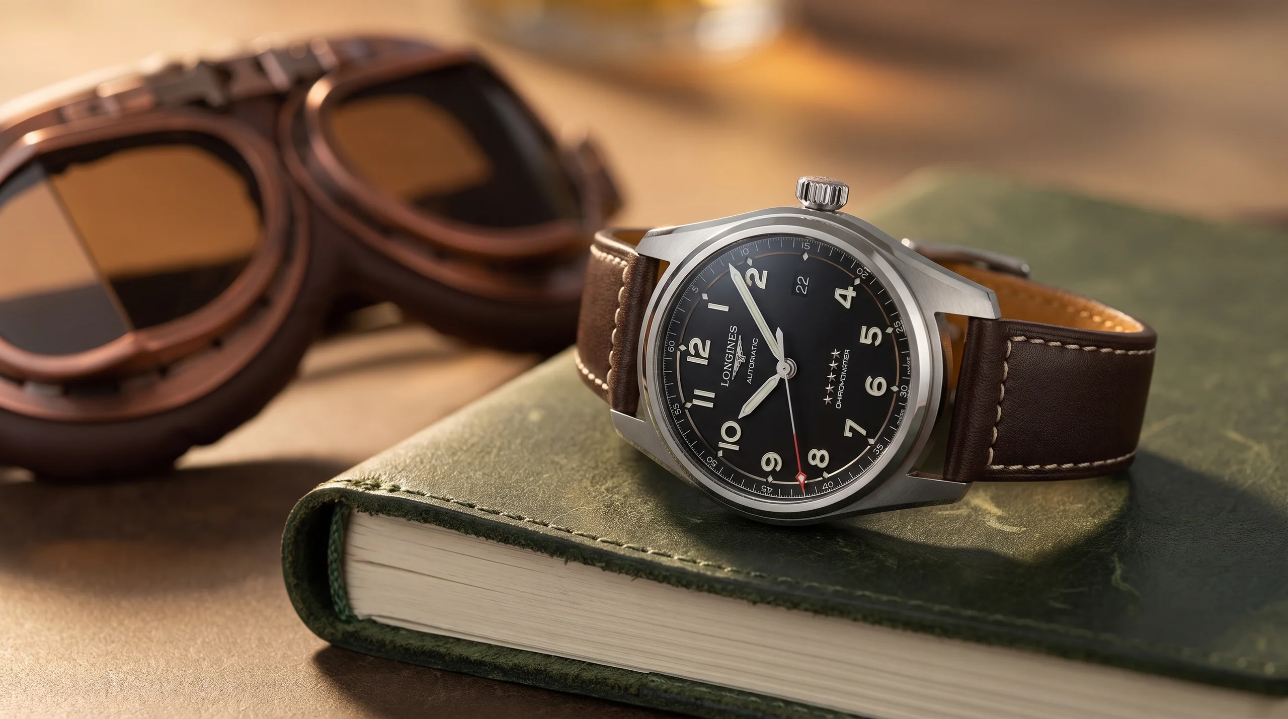 Longines Spirit 40mm on a leather journal beside aviator sunglasses