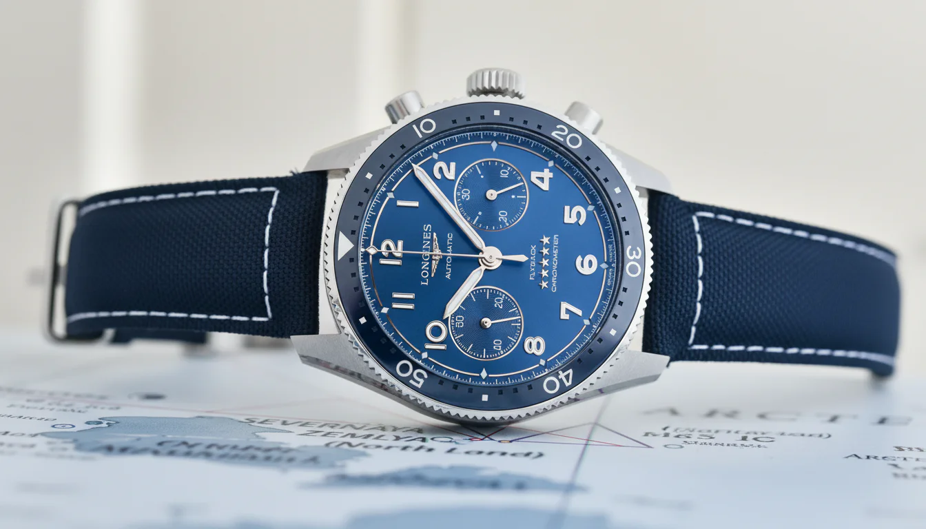 Longines Spirit Flyback chronograph with blue dial resting on an aviation navigation chart