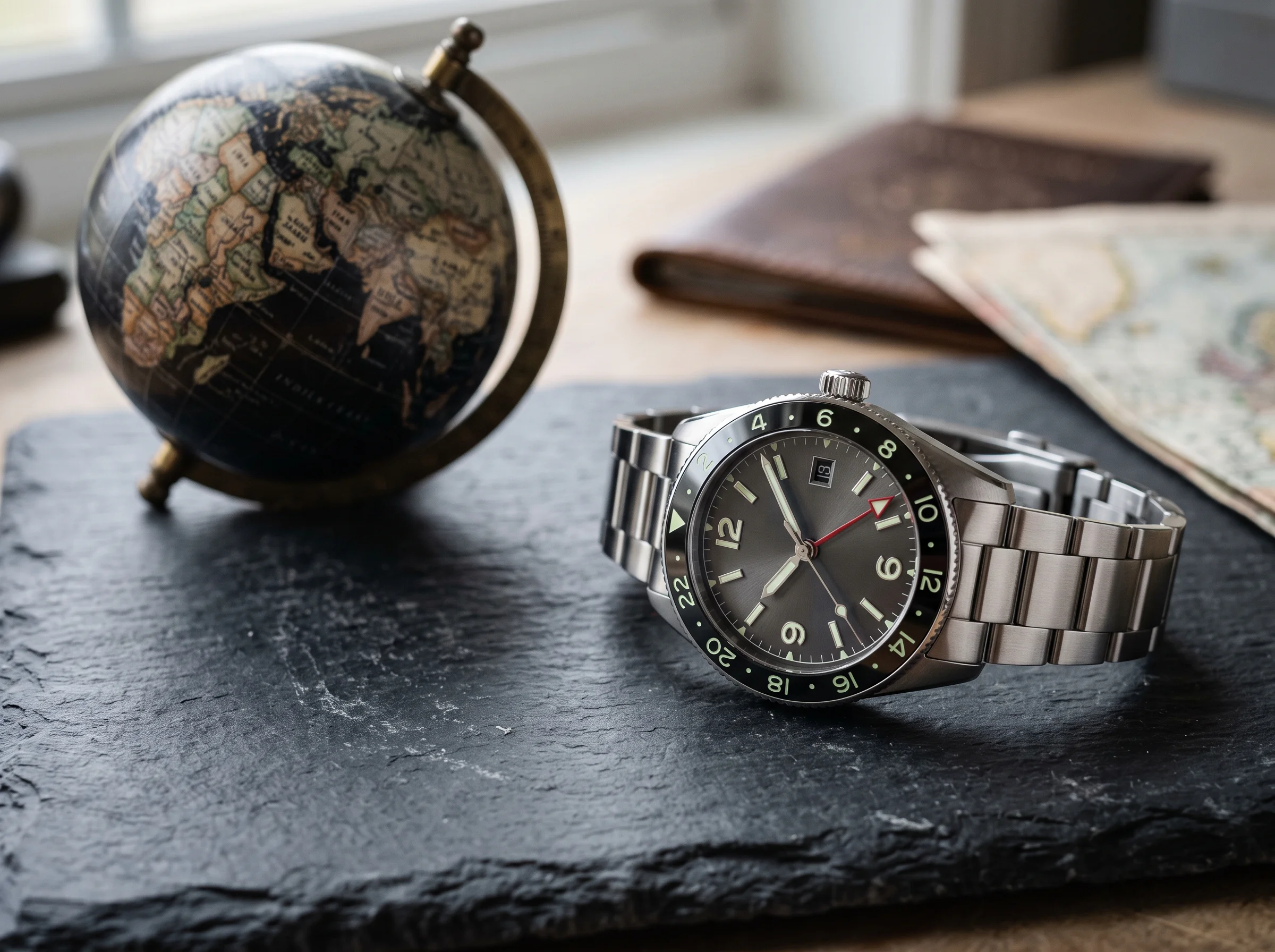 A pilot GMT tool watch with an anthracite dial, black ceramic 24-hour bezel, and arrow-tipped GMT hand