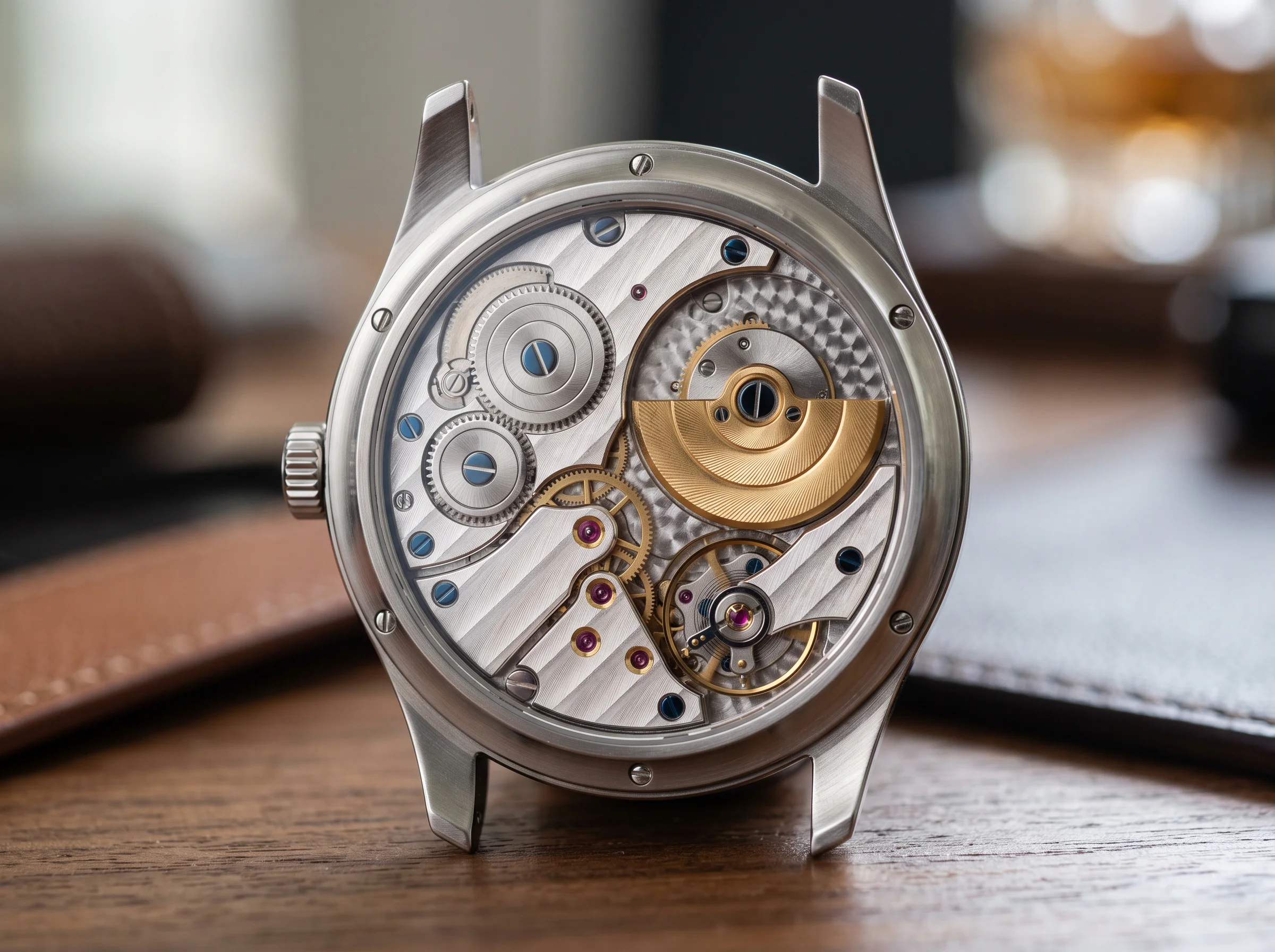 A finely finished automatic movement with an off-center gold micro-rotor seen through a sapphire caseback