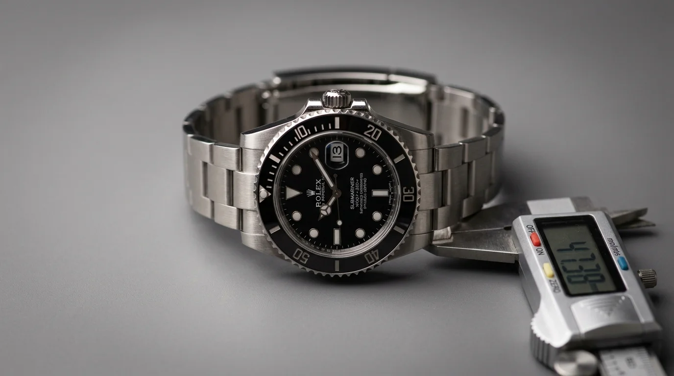 Digital calipers measuring the lug-to-lug length of a Rolex Submariner from top lug to bottom lug