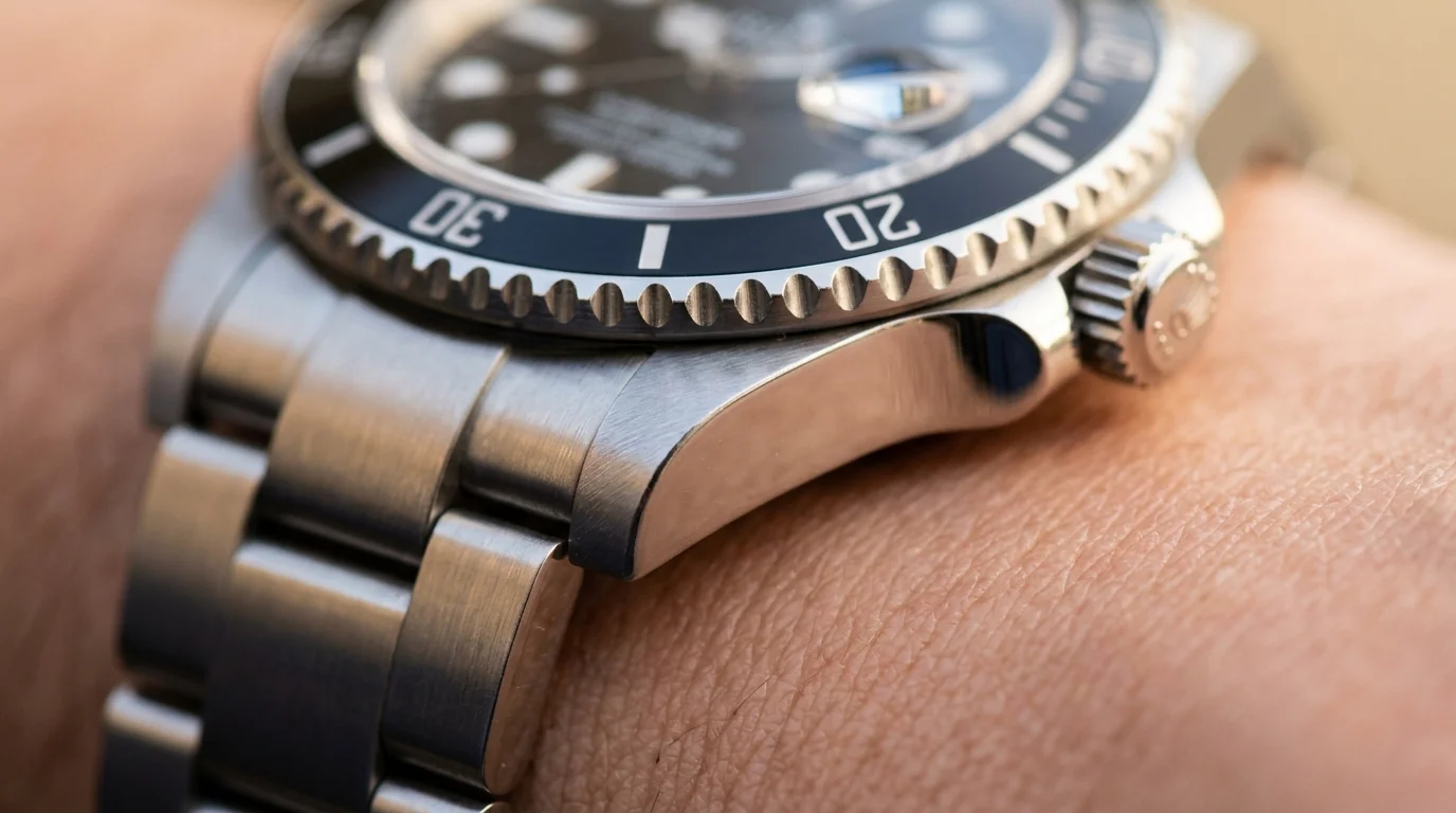 Macro side view of a watch case with curved downturned lugs hugging close to the wrist