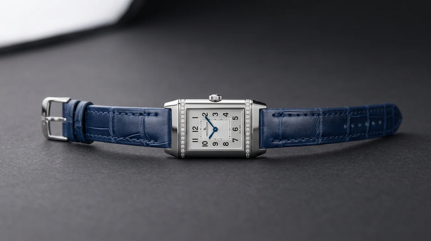 A Jaeger-LeCoultre Reverso showing its rectangular case and wire lugs